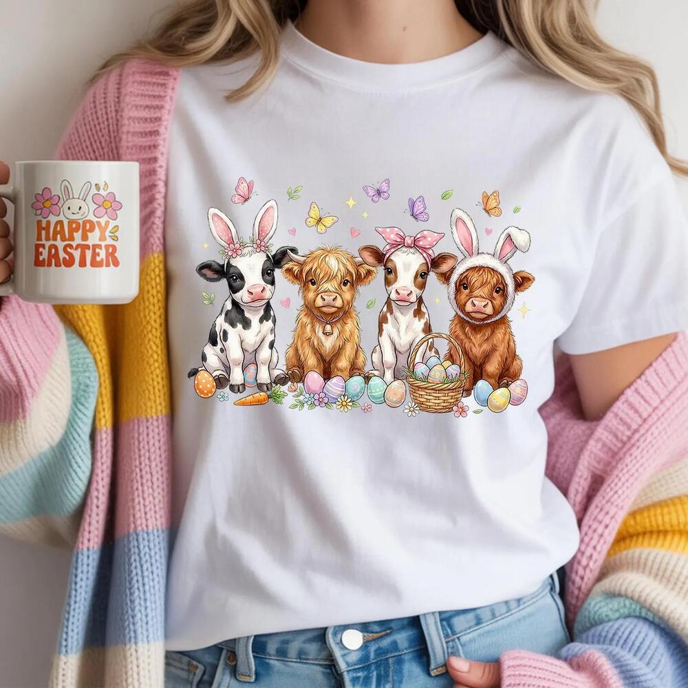 Cute Easter Cow Shirt, Highland Cow Bunny Tee, Happy Easter Farm Animals
